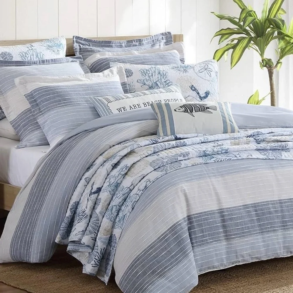 Levtex Home - Sand Stripes Blue Comforter Set - King Jaquard Stripe - Cotton
